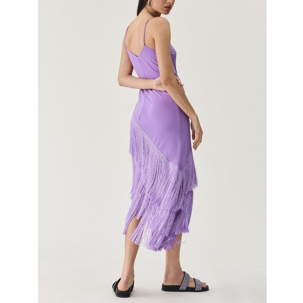 Delfi Collective 100% Silk Cristina Asymmetrical Fringe Dress Lavender Purple L - Picture 4 of 10